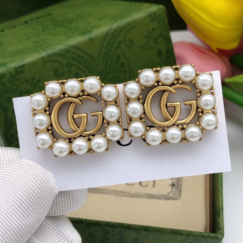 Gucci Square Double G Pearl Stud Earrings