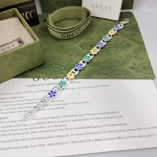 Gucci new interlocking double G buckle green enamel flowers anchor chain bracelet decorated