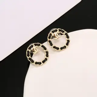 Chanel Classic Black Leather Double C Round Earrings