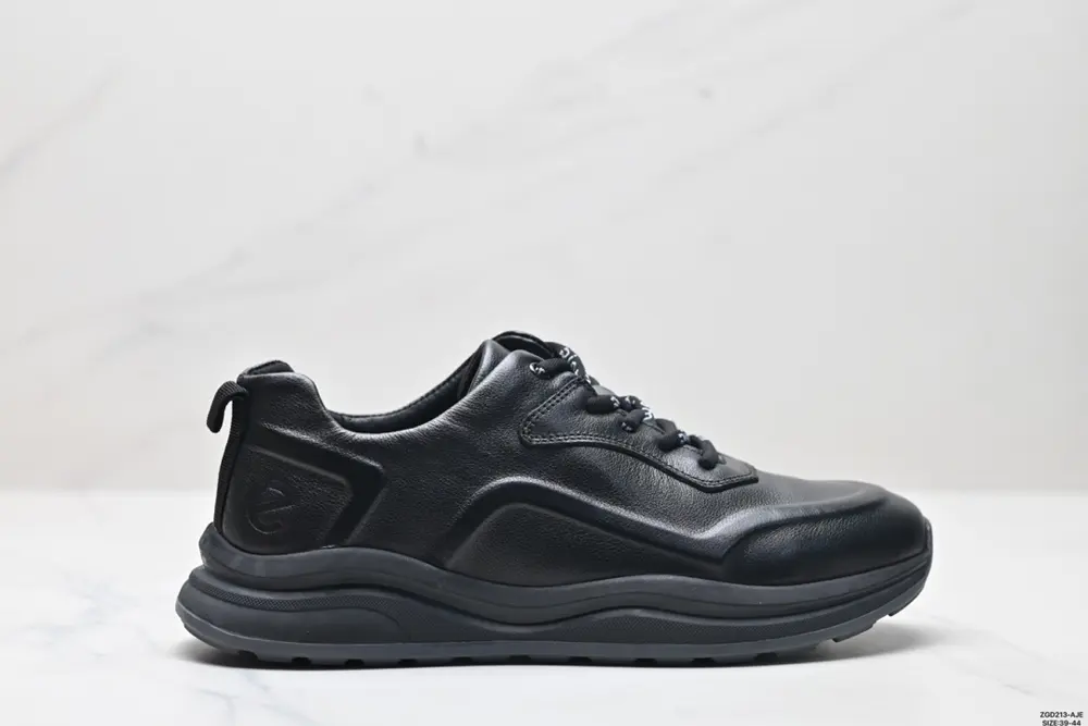 ecco leather cowhide all black sports shoes men’s thick sole ultra-light