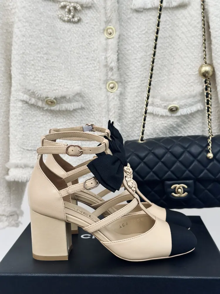 Chanel Bow Camellia Chunky Heel Sandals