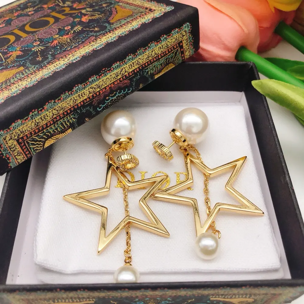 Dior star Dior pearl tassel earrings 925 silver needle high quality ⭐