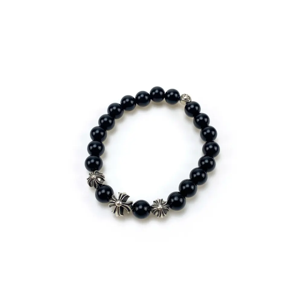 Chrome Hearts Obsidian Four-Bead Silver Bracelet