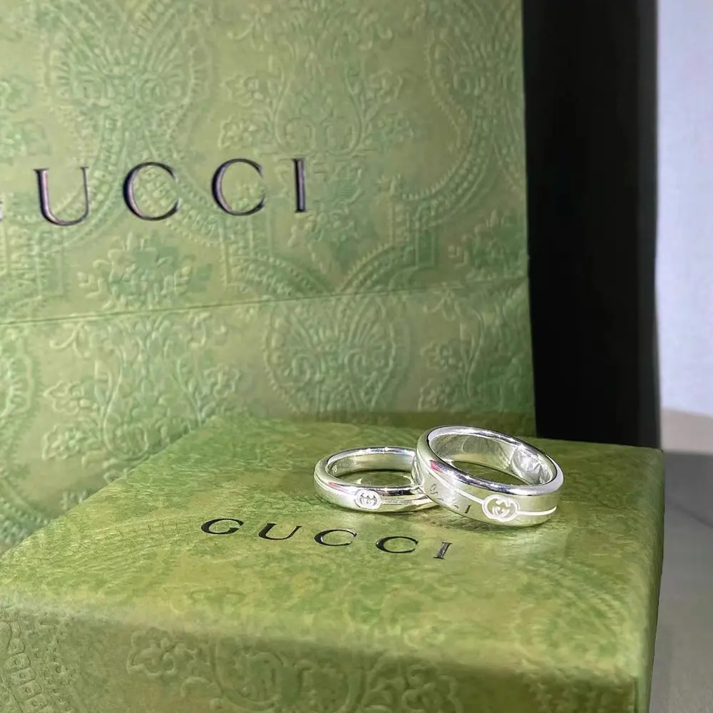 Gucci Double G simple diagonal lines shiny 925 silver couple ring for men and women size