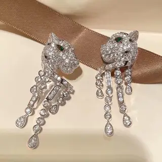Cartier diamond spotted leopard tassel emerald stud earrings shipped Celebrity style