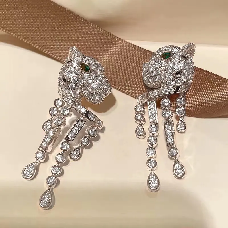 Cartier diamond spotted leopard tassel emerald stud earrings shipped Celebrity style