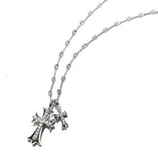 Chrome Hearts white gold plated cross necklace with large and small stones