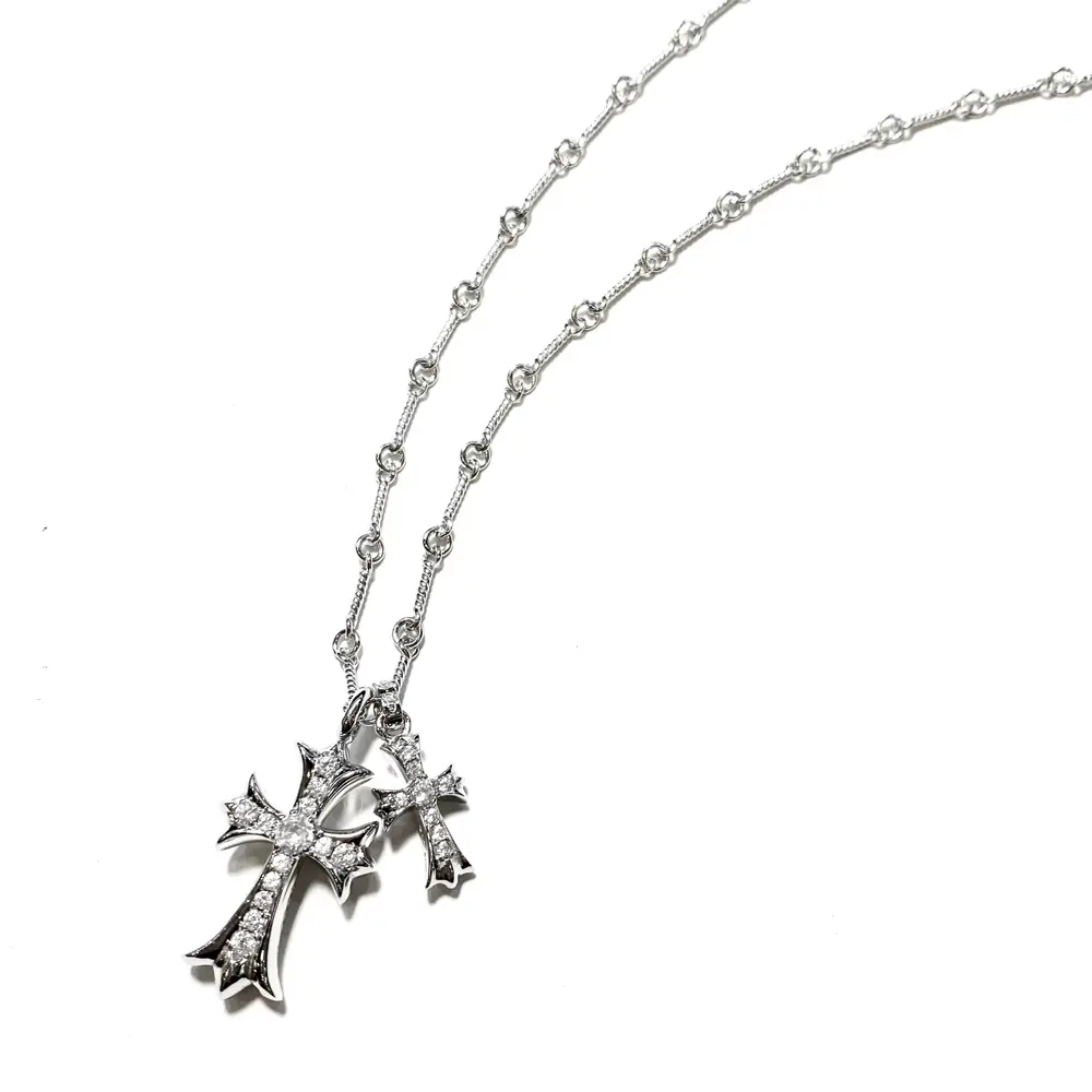 Chrome Hearts white gold plated cross necklace with large and small stones