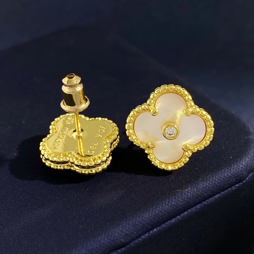 Van Cleef & Arpels Raised Dot Single Diamond Four-Leaf Clover Earrings