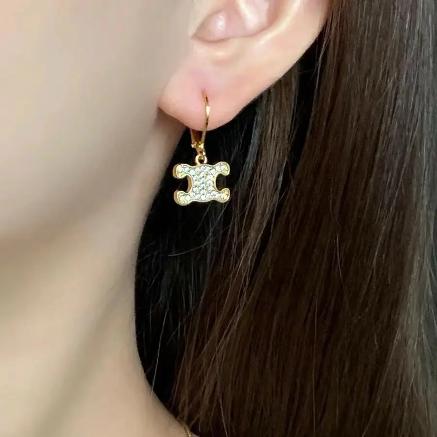 Celine Arc de Triomphe full diamond earrings with hook and pendant small earrings
