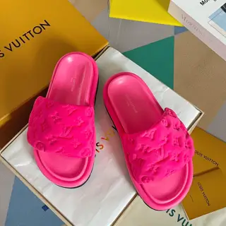 Louis Vuitton Velcro Denim Checkerboard Embossed Bread Flat Sandals