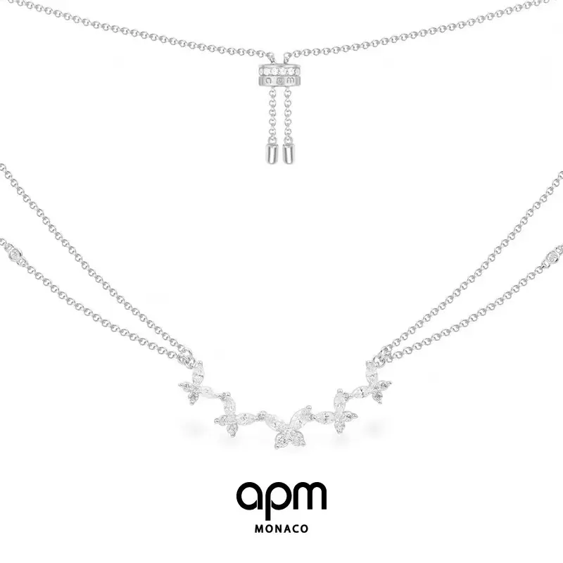 Apm monaco new butterfly double chain horse eye diamond necklace silver