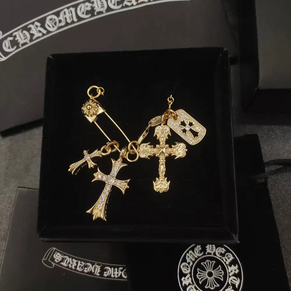 Chrome Hearts Double Cross + Tag Small Flame Gold and White Diamond Pin Necklace