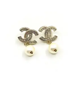 Chanel Double Row Diamond Double C Pearl Earrings