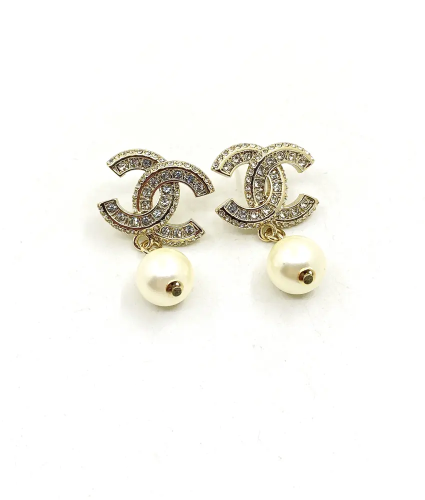 Chanel Double Row Diamond Double C Pearl Earrings