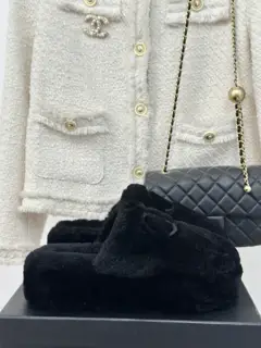Chanel|Chance classic big double C furry half slippers