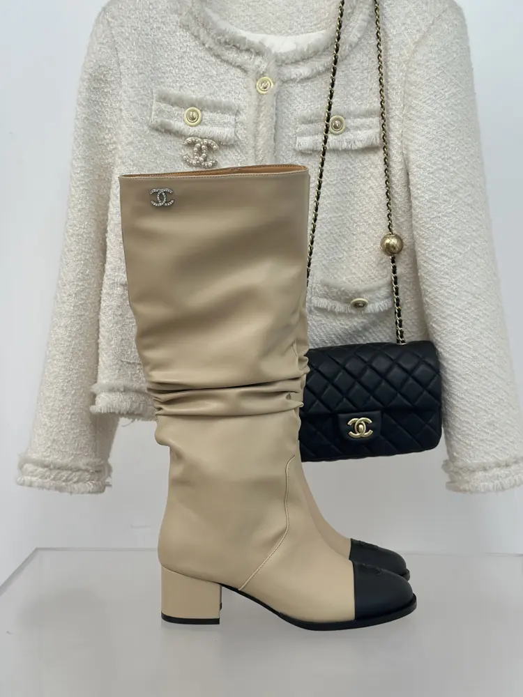 Chanel color-blocked double C stacked boots