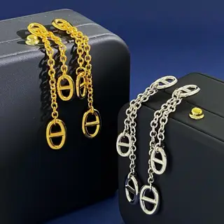 Hermes H Pig nose long tassel glossy metal light luxury temperament versatile earrings gold