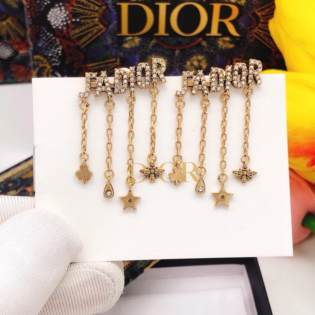 Dior original new product JADIOR diamond-studded star bee tassel drip earrings High-end