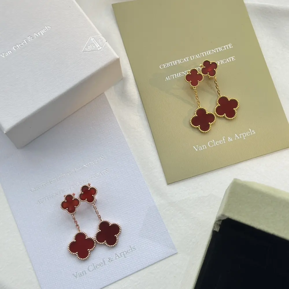 Van Cleef & Arpels Double Clover Natural Red Agate Earrings