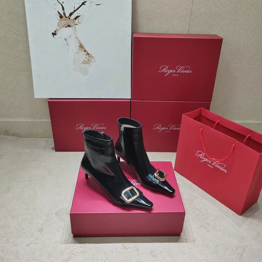 Roger Vivier Square Diamond Kitten Heel Nude Boots Top New Release ︎