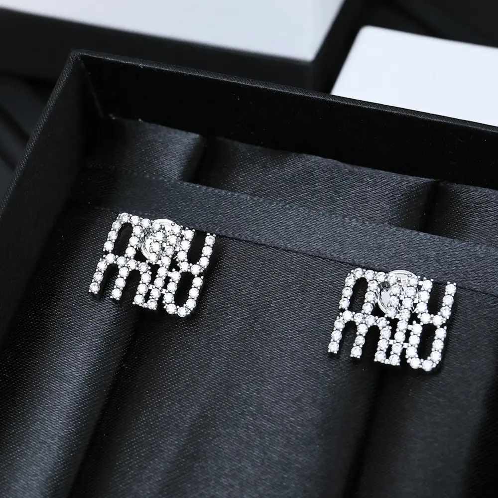 miumiu silver full diamond letter earrings