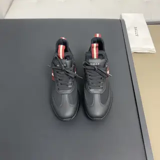 Bally men’s black and classic red fabric and leather sneakers. New product from the Outline