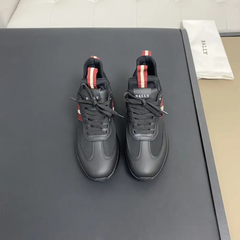 Bally men’s black and classic red fabric and leather sneakers. New product from the Outline