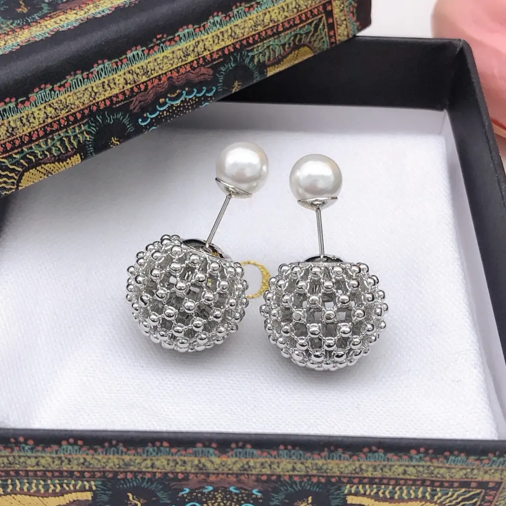 Dior new style cd round tennis ball size hollow silver earrings
