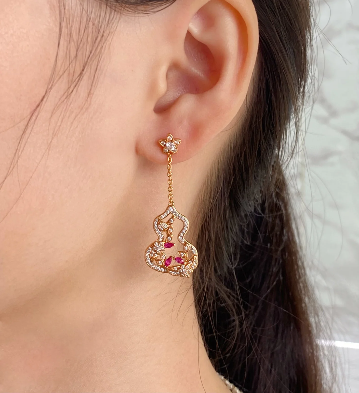 Qeelin Kirin Flower Vine Red Gourd Earrings