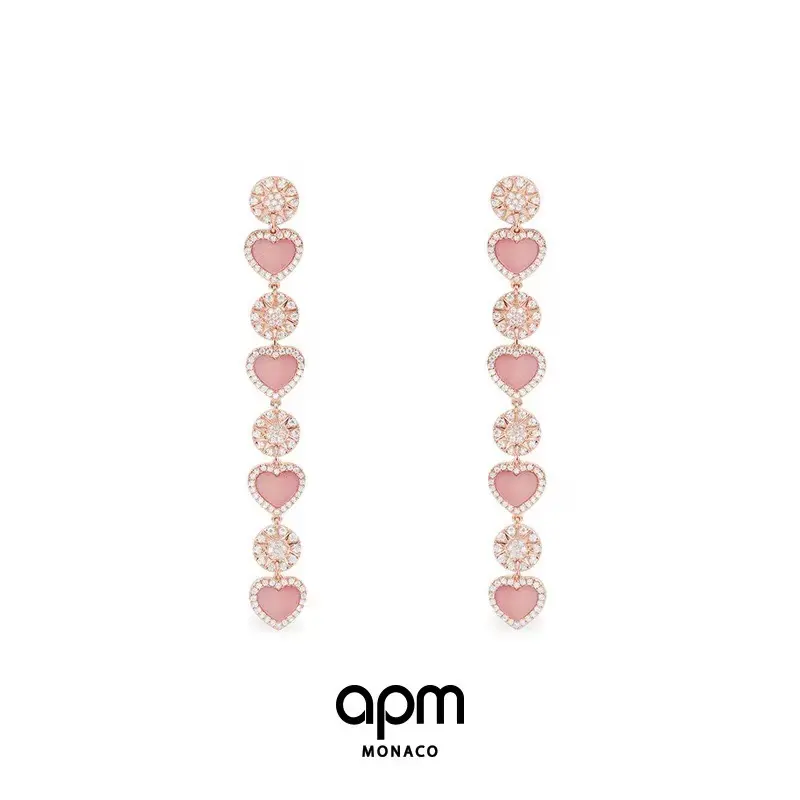 Apm monaco new pink mother-of-pearl multi-heart long tassel earrings