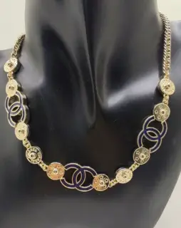 Chanel blue and black cc button necklace
