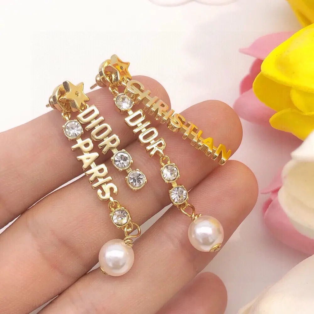 Dior original new product DIOR letter tassel pearl earrings high-end quality
