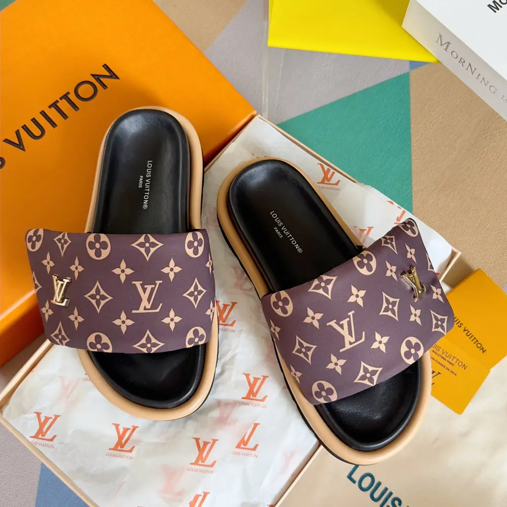 Louis Vuitton Velcro Denim Checkerboard Embossed Bread Flat Sandals