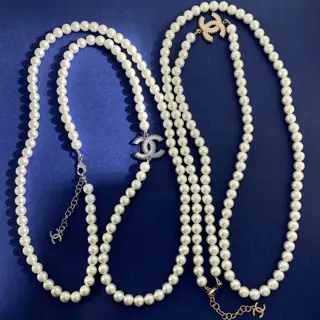 Chanel White Oil Drop Double C Letter Pearl Long Necklace Sweater Chain