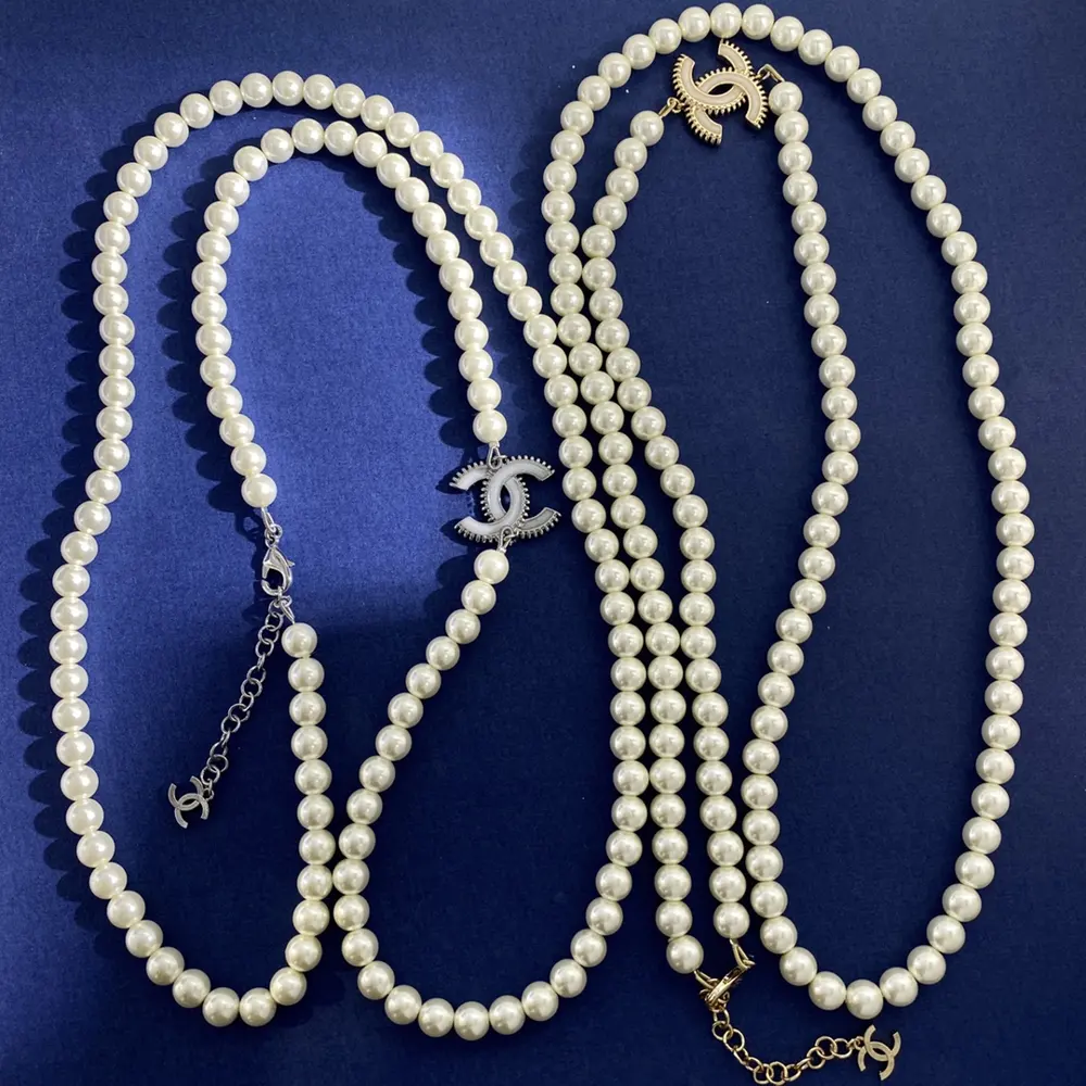 Chanel White Oil Drop Double C Letter Pearl Long Necklace Sweater Chain
