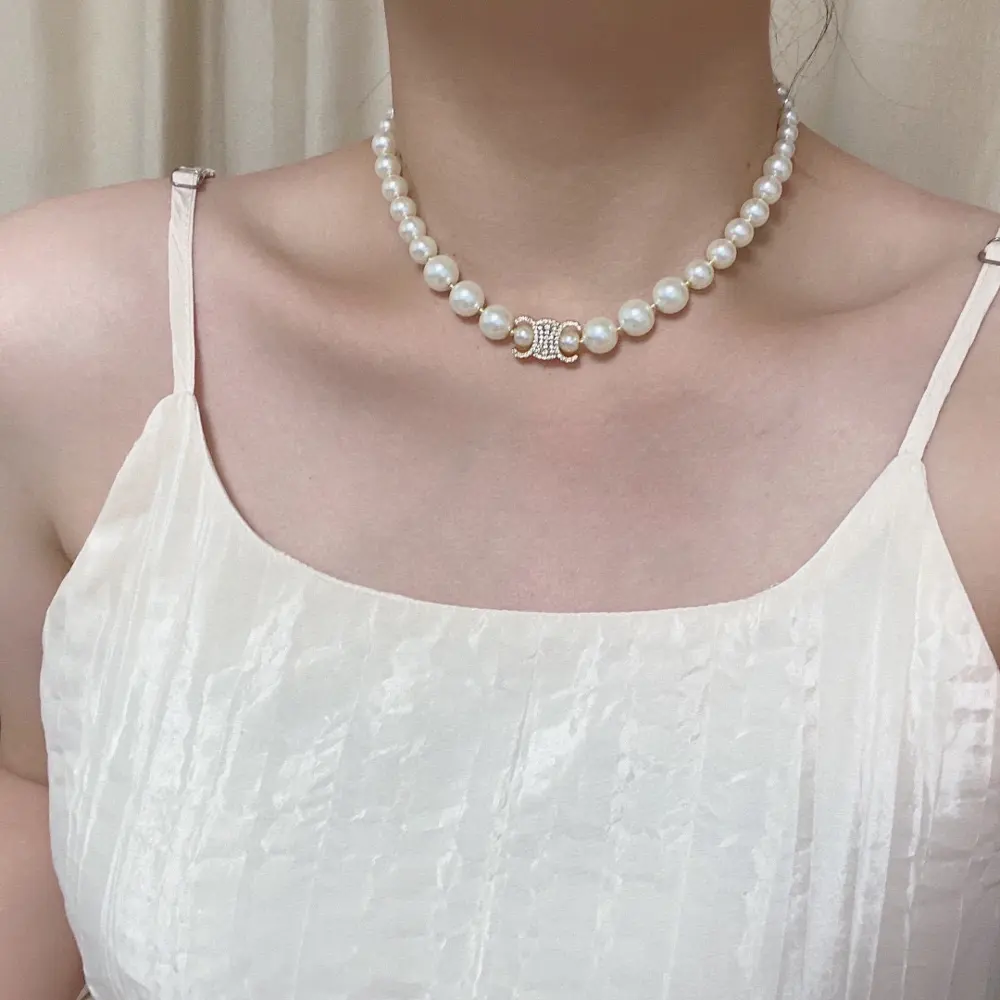 Celine Arc de Triomphe full diamond pendant pearl necklace