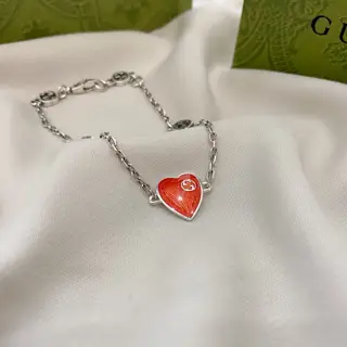 Gucci antique interlocking double G enamel red heart bracelet