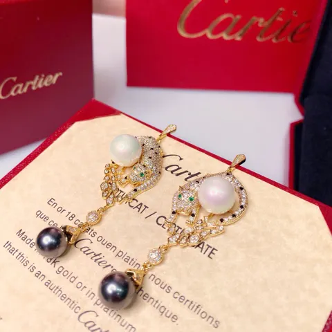 Cartier diamond spotted leopard hoop tassel black pearl stud earrings shipped Celebrity