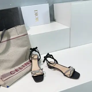 Dior bowknot crystal diamond round heel sandals high heels