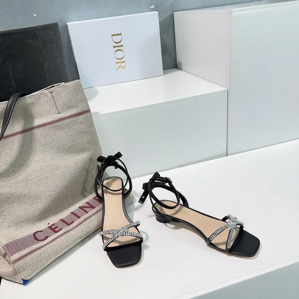 Dior bowknot crystal diamond round heel sandals high heels