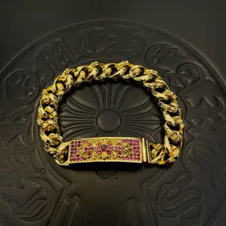 Chrome Hearts Gold Classic Vintage Cross Pink Diamond Bracelet