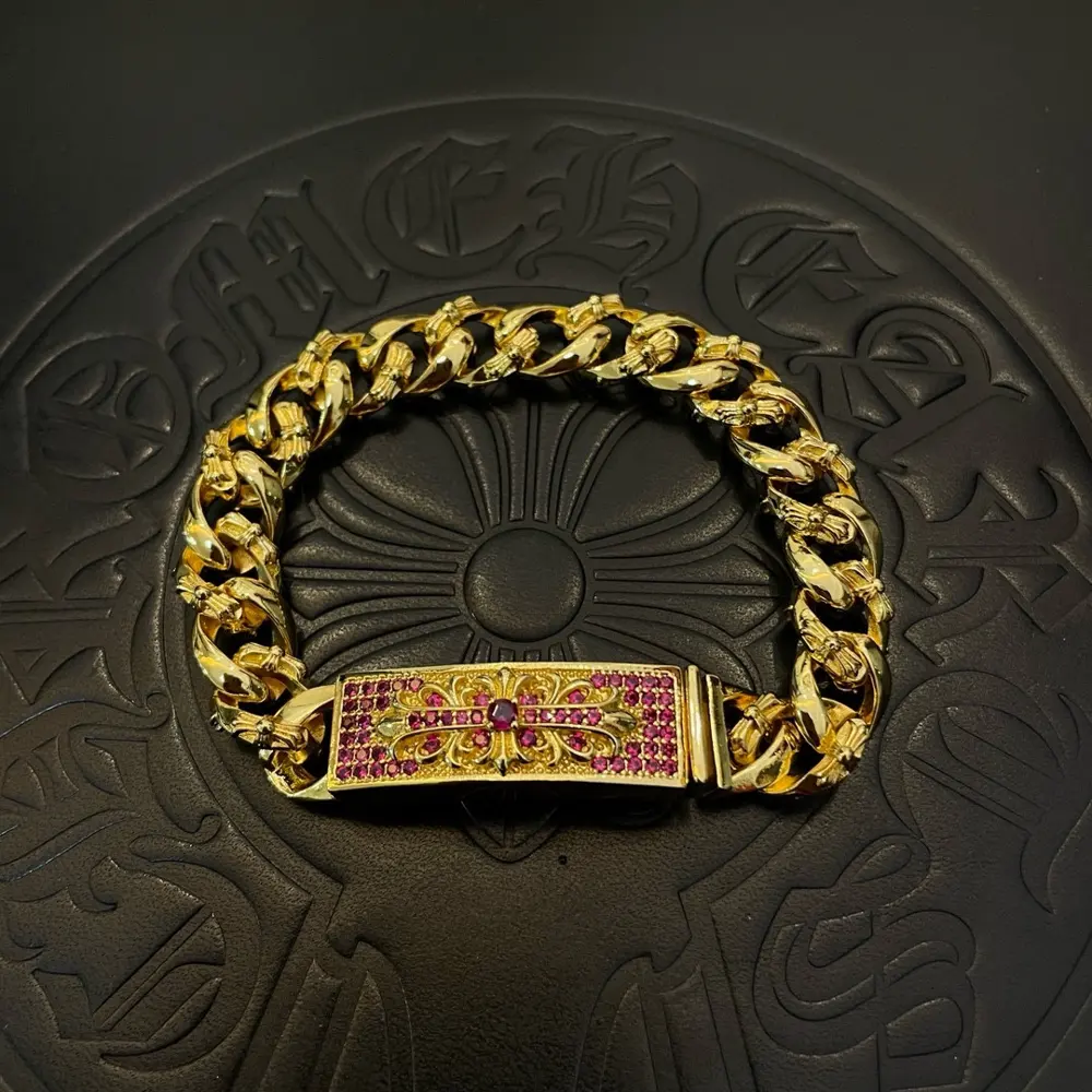 Chrome Hearts Gold Classic Vintage Cross Pink Diamond Bracelet