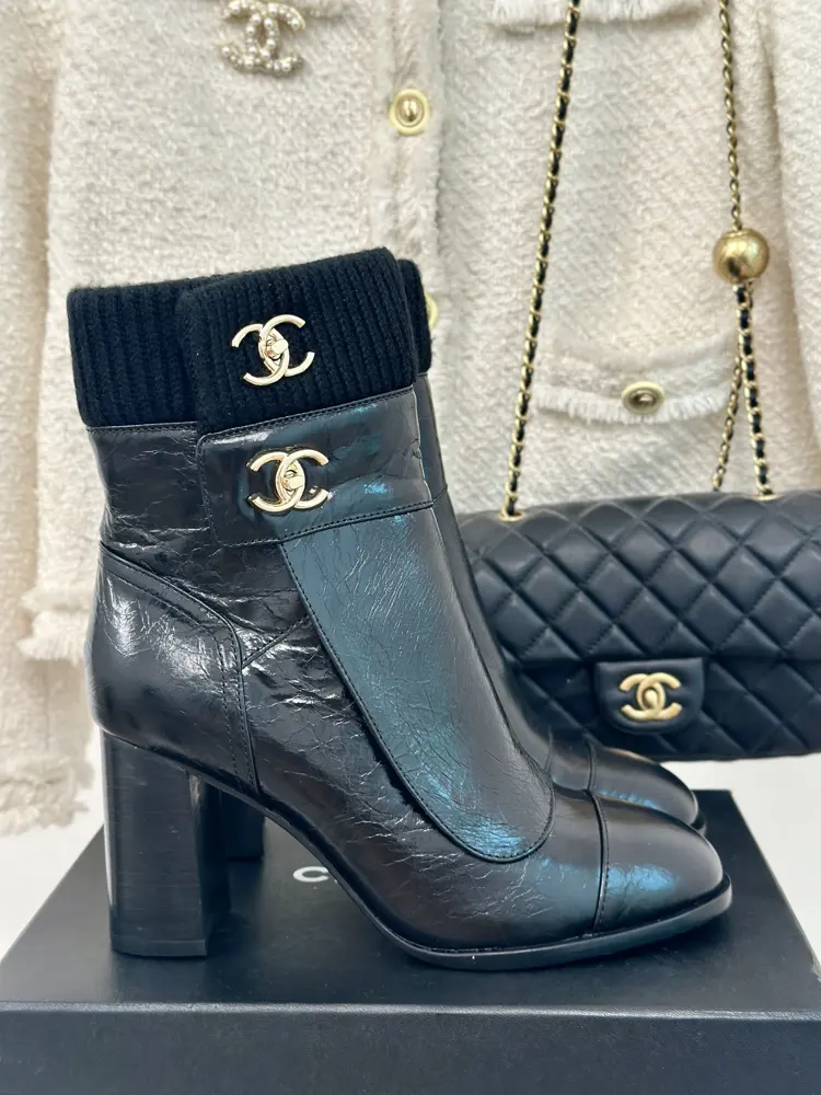 Chanel Double C Backpack Buckle Knitted Wool Ankle Boots