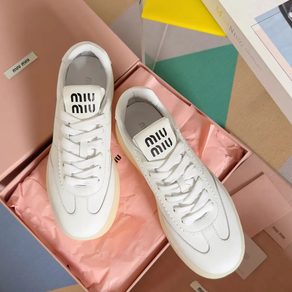 MIUMIU thick-soled lace-up biscuit shoes height-enhancing white shoes