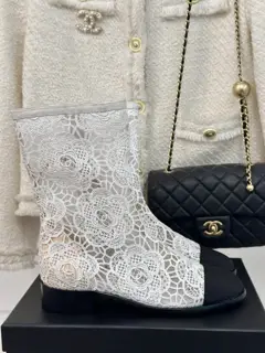 Chanel Lace Series Double C Chunky Heel Short Boots