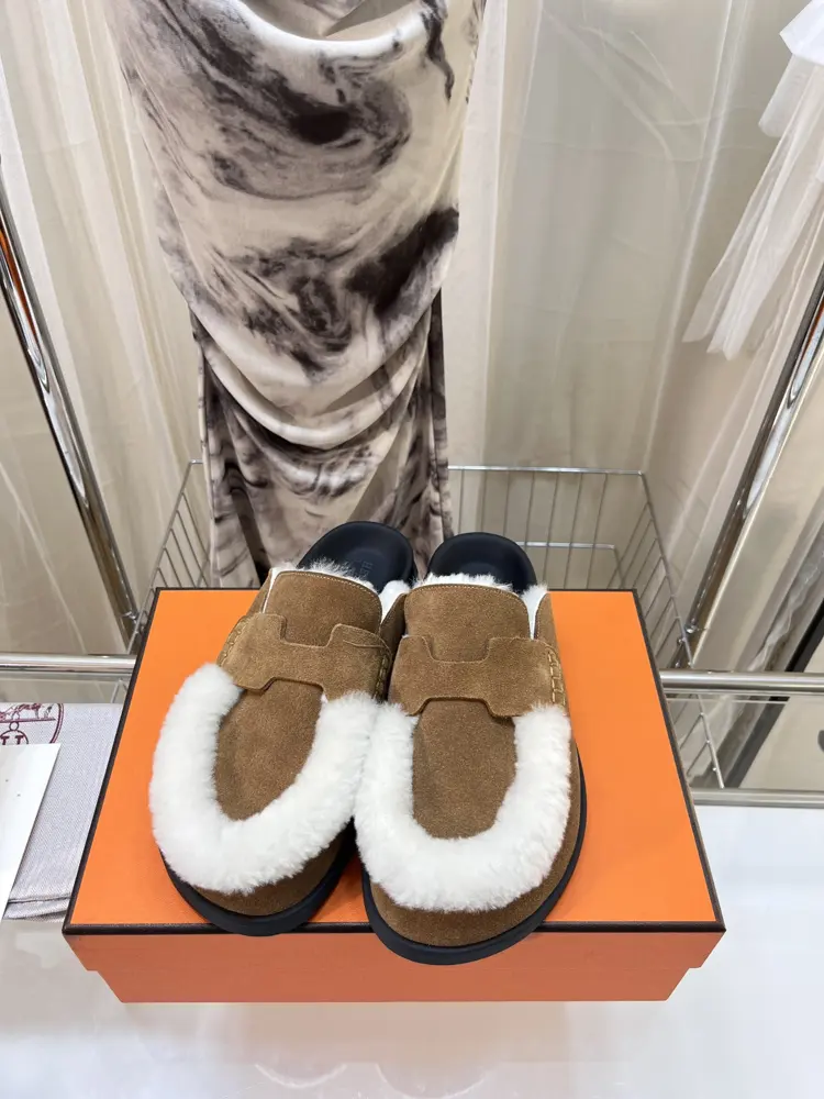 Hermès full leather wool half-covered slippers