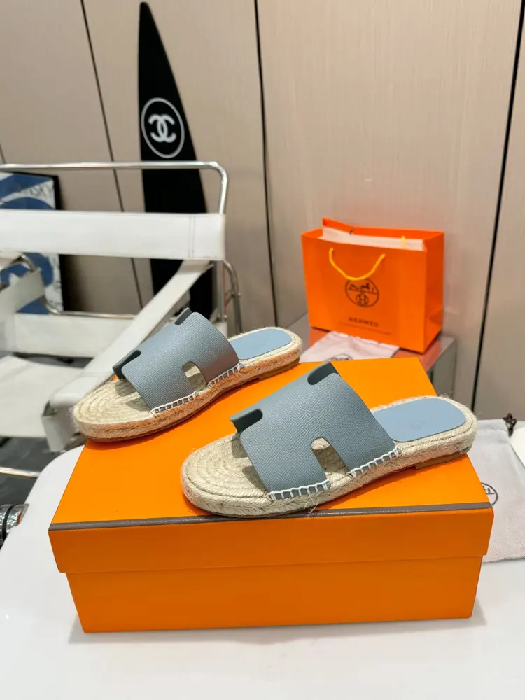Hermès H-shaped hemp rope woven leather sole slippers