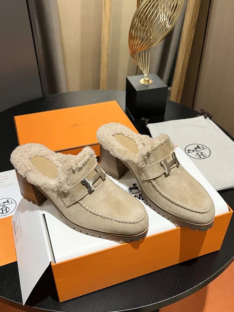 Hermès wool half slippers H wool slippers H buckle series