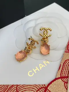 Chanel 24P new pink gemstone engraved letter earrings